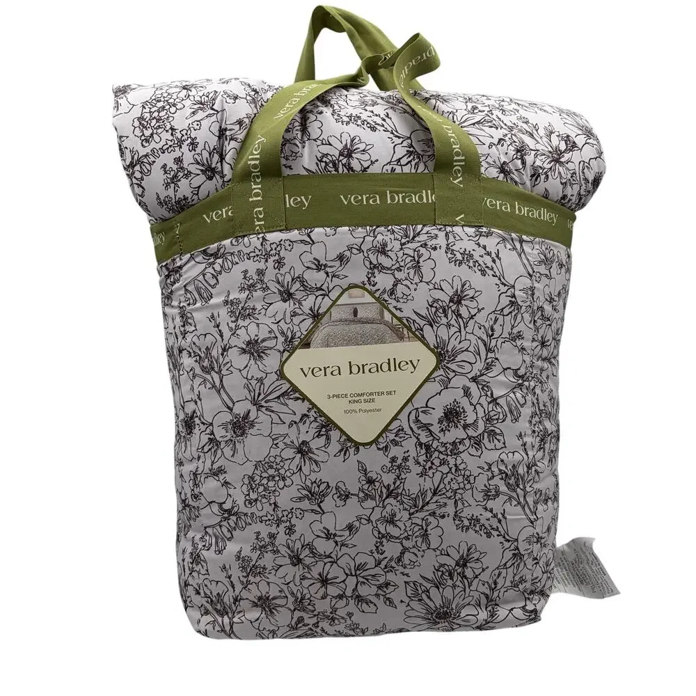 NWT Vera Bradley King 3-Piece Comforter Set, Floral Black and White Reversible